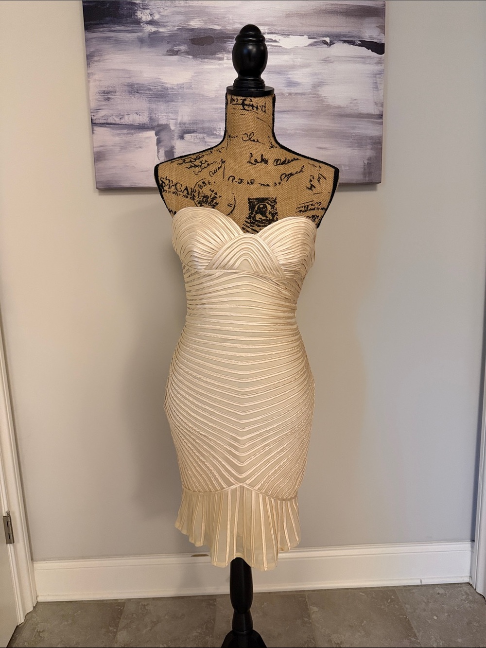 bebe Strapless Cream Textured Bandage Dress with Pleated Hem